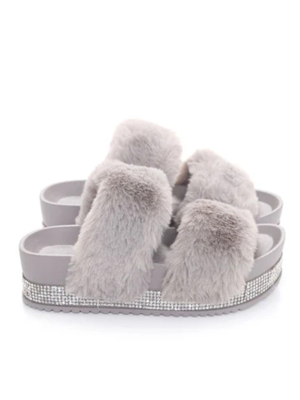 Women’s Plush Slide Slippers with Rhinestone Platform - Light Gray